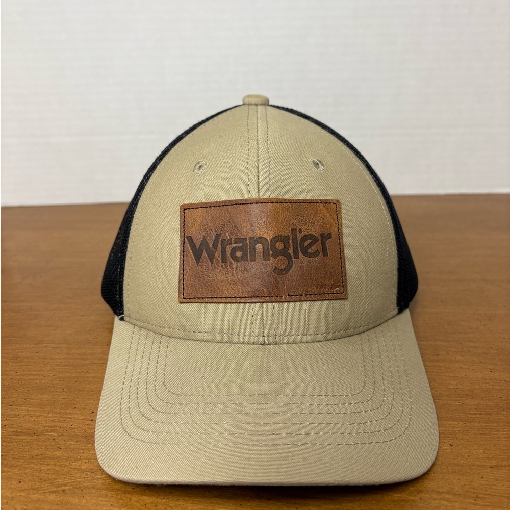 Wrangler Tan and Black Trucker Hat snapback leather front patch used pre owned